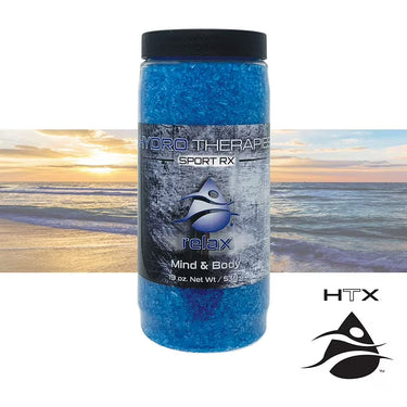 Blue container labeled 'Hydro Therapies Sport RX' with a beach sunset in the background
