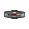 Black electronic device with a rainbow-colored light bar on a white background