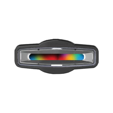 Black electronic device with a rainbow-colored light bar on a white background