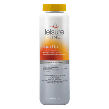 Bottle of Leisure Time Spa Up with yellow lid on white background