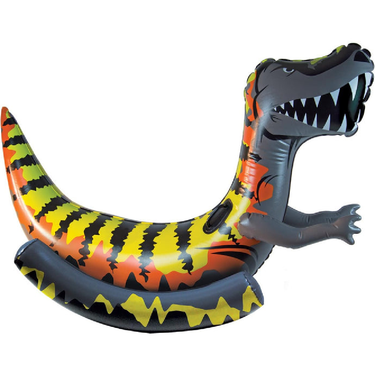 Inflatable T-Rex pool float with colorful design on a white background