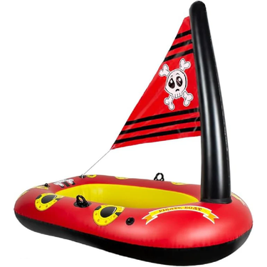 Inflatable pirate-themed sailboat with a red sail featuring a skull and crossbones design on a white background.