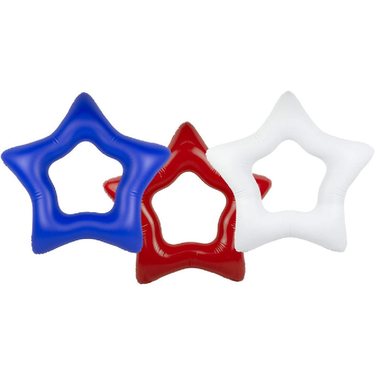Three star-shaped inflatable toys in blue, red, and white on a white background