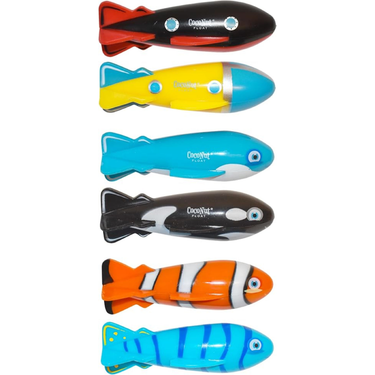 Set of colorful underwater toy figures on a white background