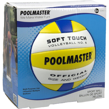 Poolmaster soft touch volleyball packaging with ball illustration on a blue and white background
