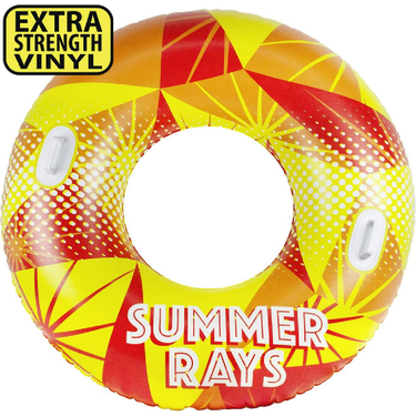 Inflatable pool tube with 'Summer Rays' design and 'Extra Strength Vinyl' text on a white background