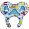 Inflatable shark-shaped pool toy with colorful sea creature patterns on a white background
