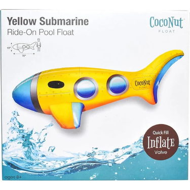 Yellow submarine ride-on pool float with Coconut Float branding on a packaging background.
