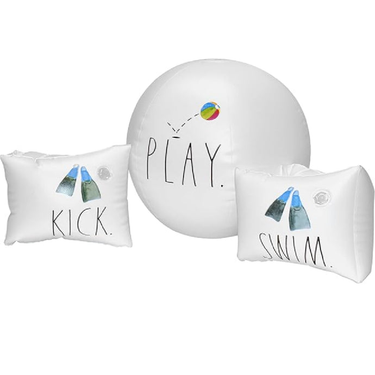 Three white inflatable pool toys with 'KICK', 'PELAY', and 'SWIM' text on a white background