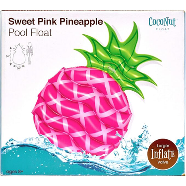 Box of a pink pineapple pool float with green leaves, brand 'Coconut' visible.