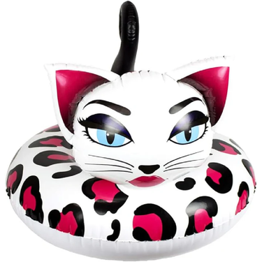 Inflatable pool float shaped like a cat with leopard print and pink accents on a white background