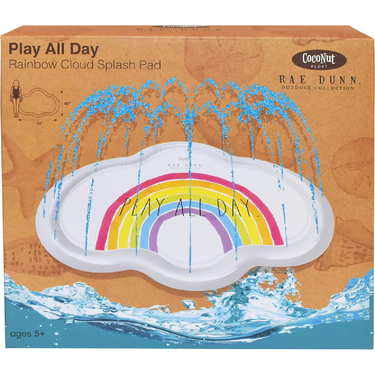 Box of a rainbow cloud splash pad with water splashes and 'Play All Day' text.
