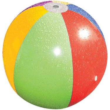 Multicolored beach ball with yellow, green, red, and blue sections on a white background.