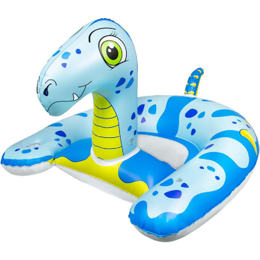 Inflatable snake-shaped pool float with blue and yellow colors on a white background