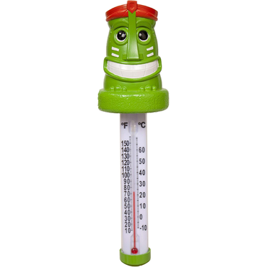 Green thermometer with a cartoon face on a white background