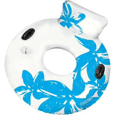 Inflatable pool float with blue floral design on a white background
