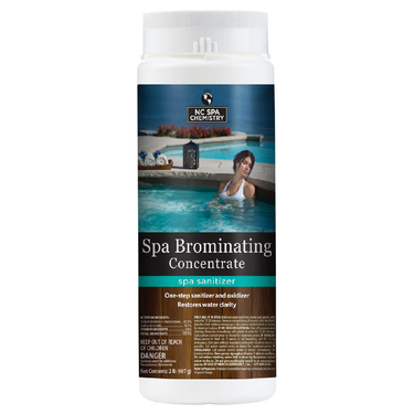 Spa brominating concentrate container with a person in a pool on the label