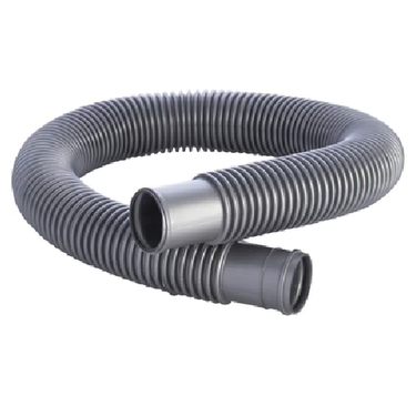 Gray vacuum hose with metal fitting on a white background
