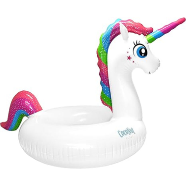 Inflatable unicorn pool float with colorful mane on a white background