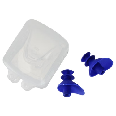 White silicone filters and blue earplugs on a white background