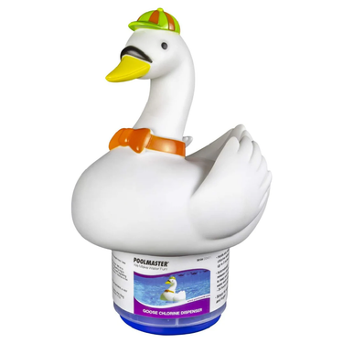 Poolmaster goose chlorine dispenser with a colorful hat on a white background