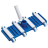 Blue and white pool vacuum head on a white background