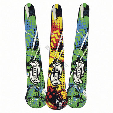 Three colorful ski boards with brand logos on a white background