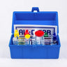 Blue toolbox with various items including bottles and a sign on a white background