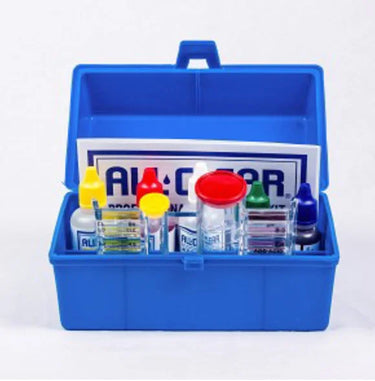 Blue toolbox with various items including bottles and a sign on a white background