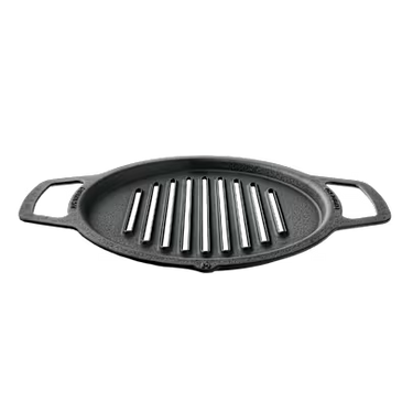 Gray cast iron grill pan with handles on a white background