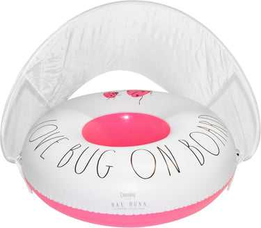 White and Pink Toddler Float with Canopy. Text Love Bug on Board and graphic of mom and baby lady bug front view