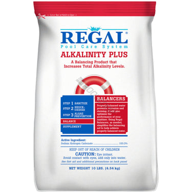 Regal Alkalinity Plus 10 pounds in a white plastic bag with red and blue lettering describing the function of the product