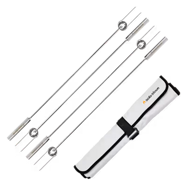 Set of metal roasting sticks with a carrying case on a white background
