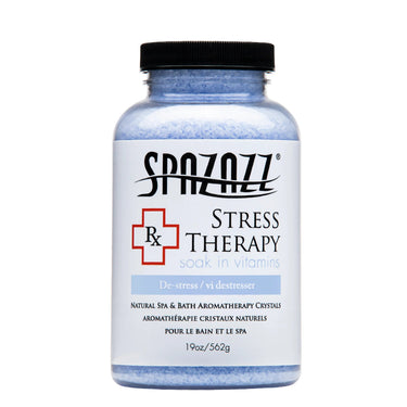 Bottle of Spazazz Stress Therapy with blue crystals on a white background