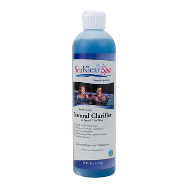 Bottle of SeaKlear Spa Natural Clarifier on a white background