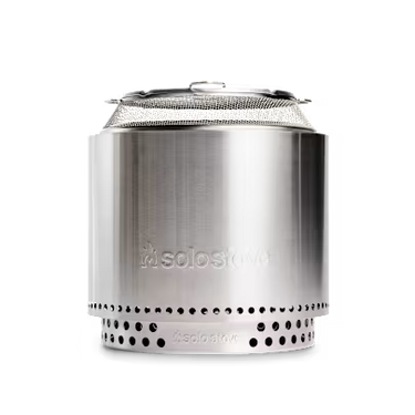 Stainless steel outdoor stove with 'solostove' branding on a white background