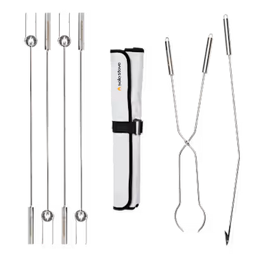 Set of metal tools with a carrying case on a white background