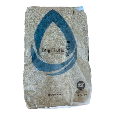Bag of filter glass media with 'BrightLine' branding on a white background
