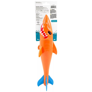 Orange shark toy with blue tail on a white background