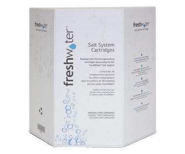 Box of freshWater salt system cartridges on a white background
