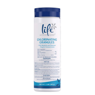Life brand chlorinating granules container on a white background