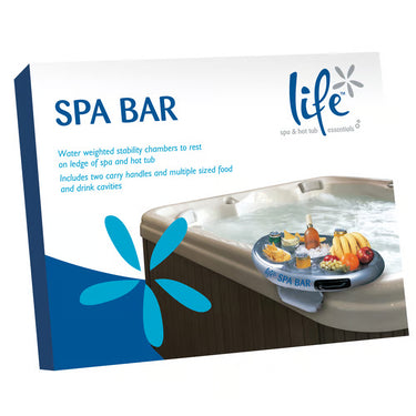 Box with a spa bar with a hot tub and food items on a white background