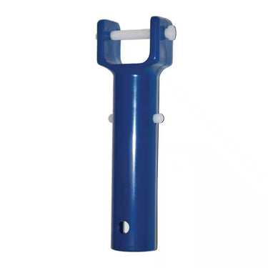 Blue metal bracket with white connectors on a white background
