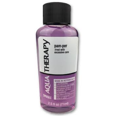 Bottle of 'Therapy Aqua' with purple liquid and black cap on a white background