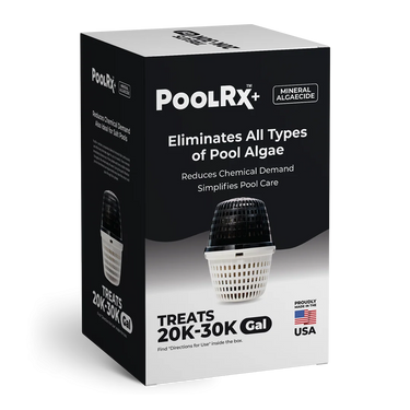 Box of PoolRx+ pool algae treatment with text on a white background