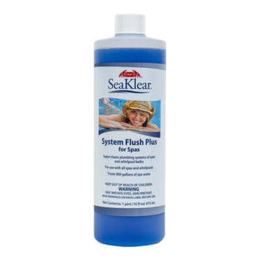 SeaKlear System Flush Plus for Spa bottle on a white background