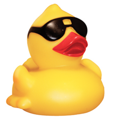 Yellow rubber duck wearing sunglasses on a white background