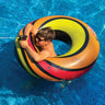 Yellow Orange red and black swirl design on a ring tub with built in water gun.