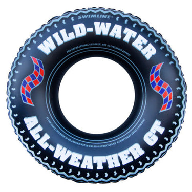 Inflatable swim tire ring with Wild Water All Weather GT written on it