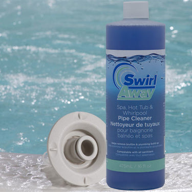 Swirl Away Spa, Hot Tub & Whirlpool Pipe Cleaner with a spa filter in front of water.
